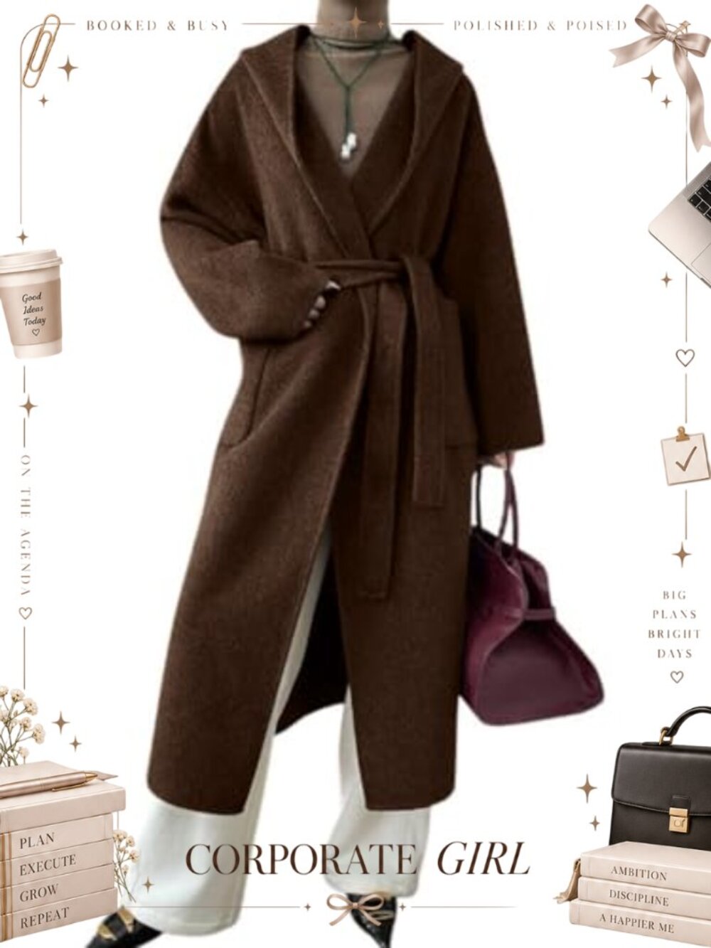 Women's Winter Wool Blend Open Front Belted Hooded Midi Pea Coat Loose Fit